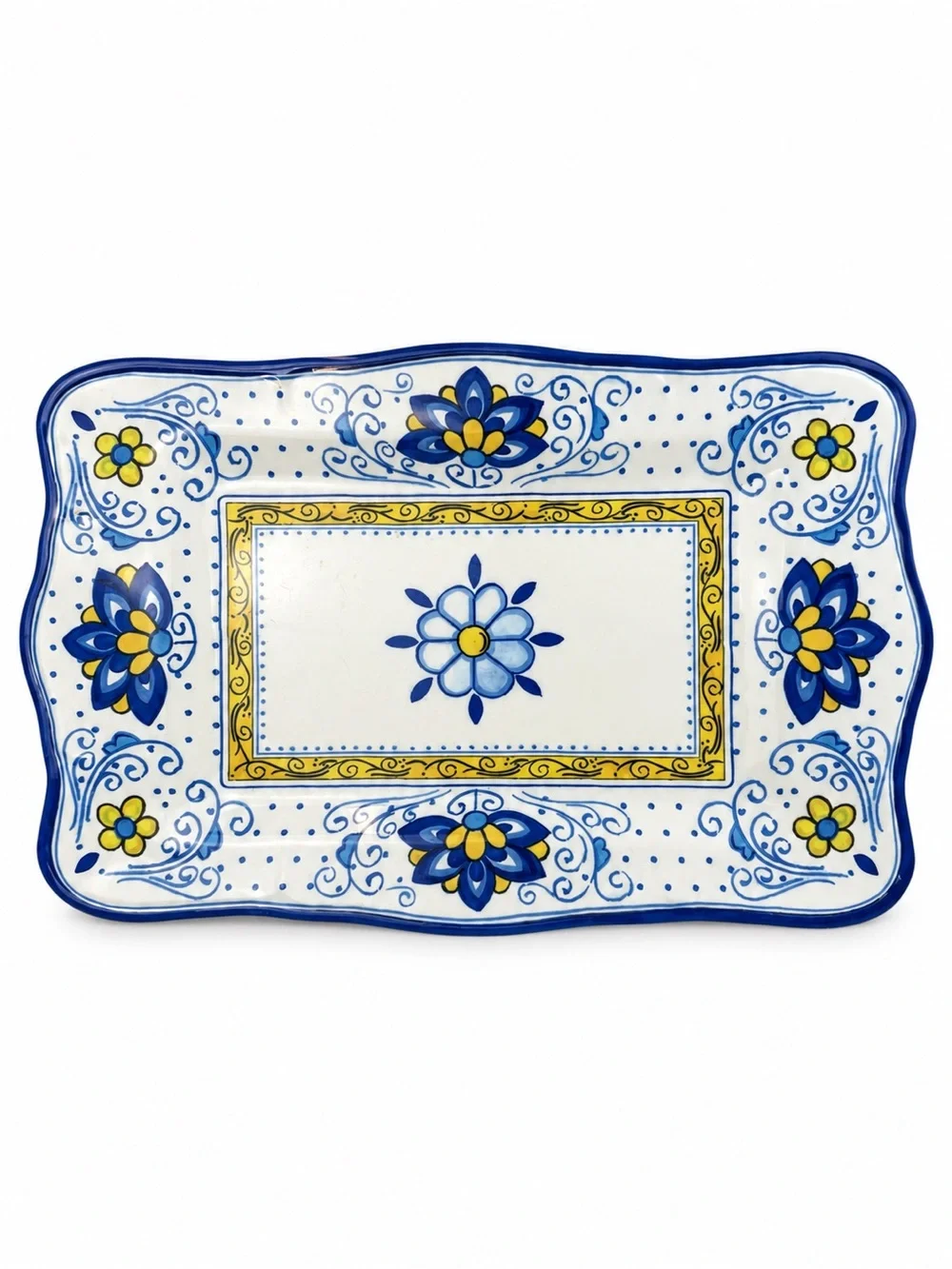 Le Cadeaux Melamine Serving Platter 16” Blue Yellow Floral Rectangular Tray